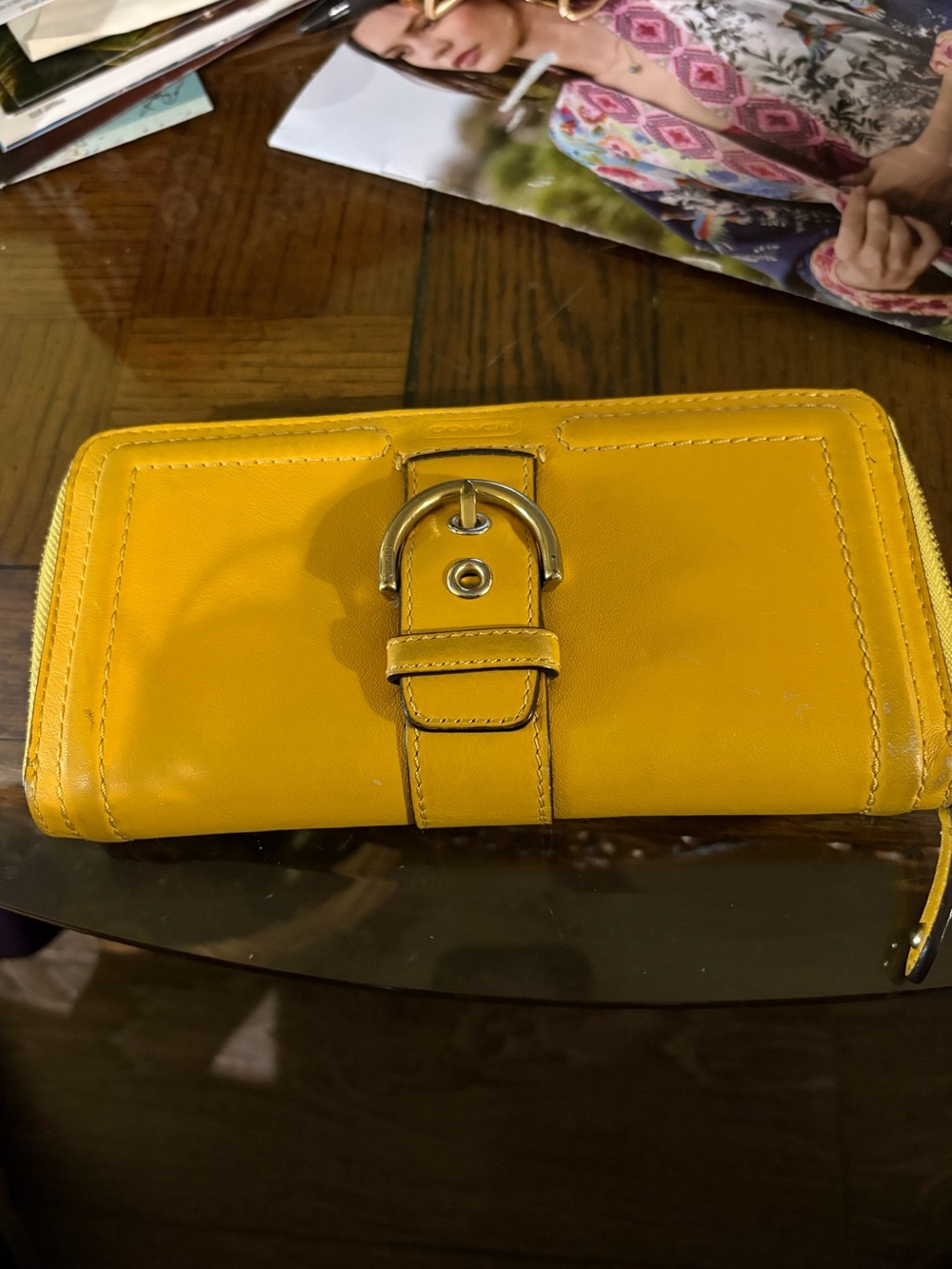 Coach Yellow Leather Zip Wallet with Buckle Accent
